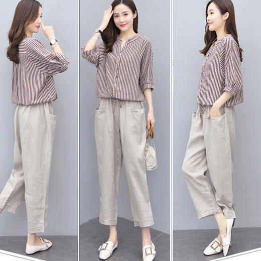 棉麻套装2023夏装新款女装韩版条纹上衣九分裤亚麻两件套BYT-8771 商品图1