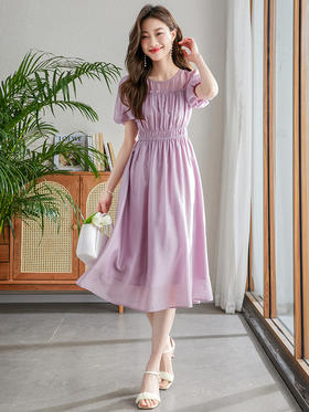 【专属特价】熙世界天丝褶皱紫色连衣裙女夏2025年新款法式花苞泡泡袖收腰裙子