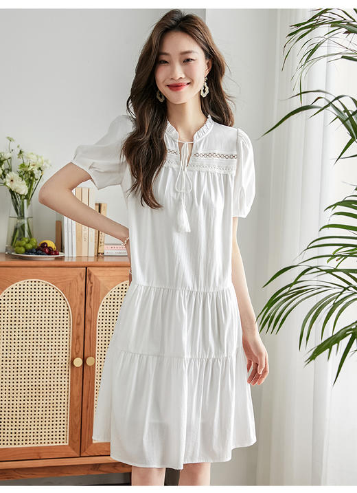 【618秒杀】熙世界度假风法式白色连衣裙女2025夏季新款宽松显瘦泡泡袖中长裙 商品图0