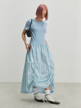 cryingcenter 泪水蓝拼接抽褶收腰轻薄廓形T恤连衣裙