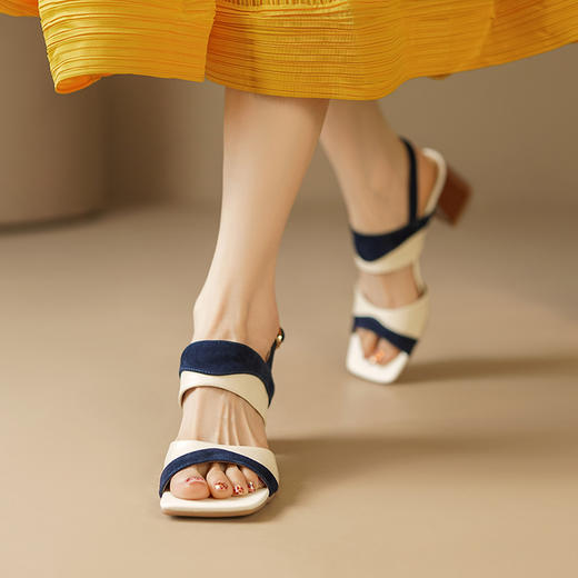 绝美优雅，法式拼色粗跟露趾凉鞋LCC-C9193 商品图5