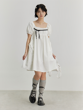 cryingcenter 方领泡泡袖可爱黄蜂格纹A摆蓬蓬裙