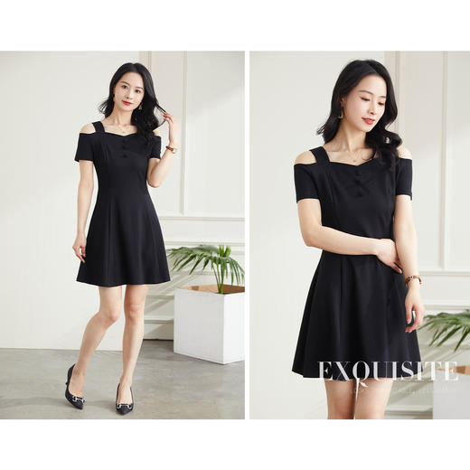 罗蒙夏季短袖连衣裙女士时尚优雅通勤日常百搭短袖露肩小黑裙女 商品图3