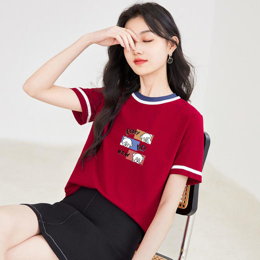短袖女潮ins风宽松遮肉纯棉字母小熊图案印花撞色圆领上衣DD 商品图3
