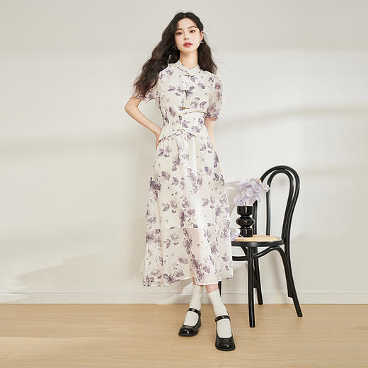 西遇新中式国风爱心盘扣衬衫女新款夏水墨印花泡泡袖上衣女V1231323 商品图1