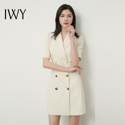 IWY/夏季短袖杏色西装连衣裙女薄款收腰显瘦气质播音主持人正装女Q13248 商品图1