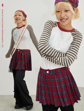 CryingCenter alldollscode 复古条纹紧身长袖猫猫插画T恤