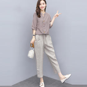 棉麻套装2023夏装新款女装韩版条纹上衣九分裤亚麻两件套BYT-8771