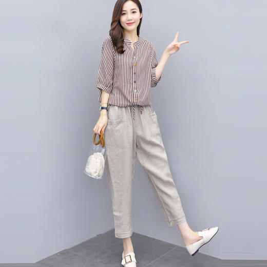 棉麻套装2023夏装新款女装韩版条纹上衣九分裤亚麻两件套BYT-8771 商品图0