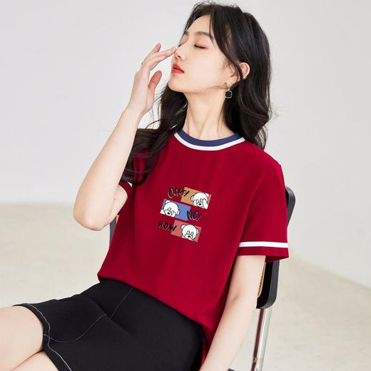 短袖女潮ins风宽松遮肉纯棉字母小熊图案印花撞色圆领上衣DD 商品图5