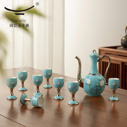 【国瓷·永丰源】夫人瓷手绘蓝 白酒杯陶瓷10头酒具套装 商品图1
