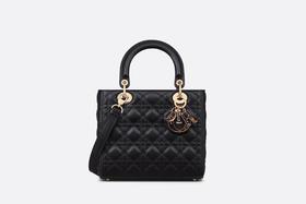 【欧洲专柜直邮】DIOR 迪奥 女士新品 中号 LADY DIOR 手袋 黑色羊皮革藤格纹  M0565OPEH