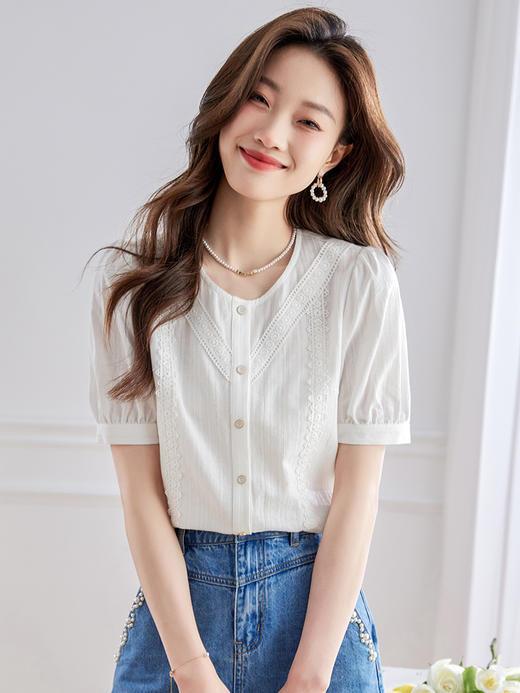 【五折购】熙世界100.%亲肤棉女士衬衫2025夏季新款气质优雅法式泡泡袖上衣 商品图3