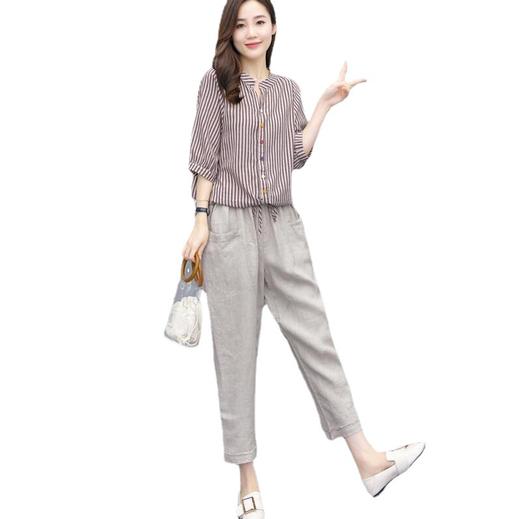 棉麻套装2023夏装新款女装韩版条纹上衣九分裤亚麻两件套BYT-8771 商品图4