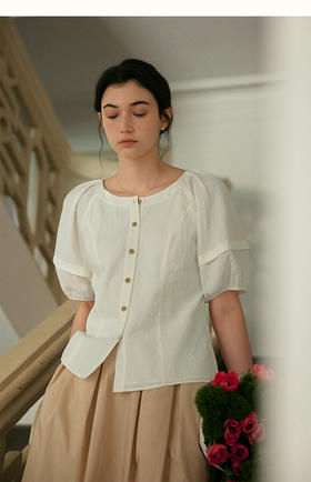 SimpleRetro法式圆领泡泡袖衬衫女2023夏季宽松显瘦短袖肌理上衣