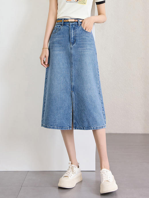 【五折购】熙世界港风复古开叉牛仔半身裙女2025夏装新款高腰A字直筒包臀裙 商品图0
