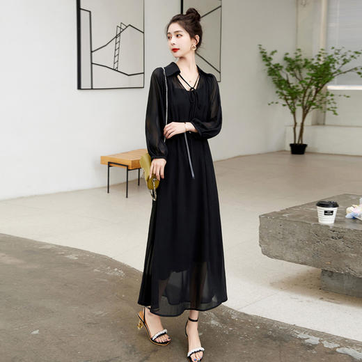 套装女2023年夏季新款吊带防透修身显瘦飘逸长袖长款两件套连衣裙HR-WL23169 商品图3