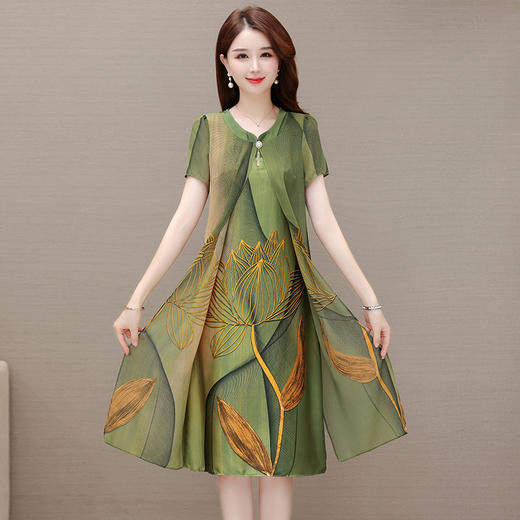 气质通勤，夏款印花中长款修身时尚雪纺裙圆领短袖连衣裙QYM-XQD-59B2339-L 商品图0