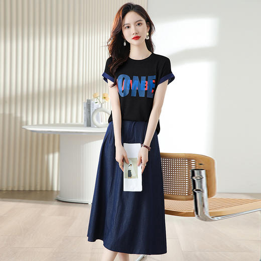 夏季新款，时尚休闲针织印花字母上衣+半身裙套装HR-ABS8303-1 商品图8