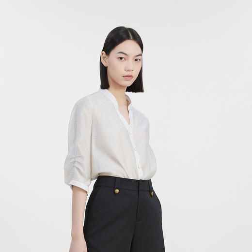 谜底V领提花衬衫女2023夏季新款通勤宽松衬衣褶皱感分袖232MC0688 商品图1
