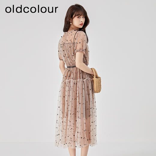 oldcolour2023夏季新款复古气质泡泡袖收腰网纱连衣裙女O24104371 商品图4