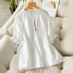 蕾丝花边领衬衫短袖夏季新款绣花彩扣宽松别致上衣MJ-3162