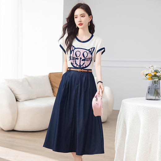 夏季新款，时尚休闲气质优雅宽松猫头针织上衣加半身裙套装HR-WA83079 商品图5