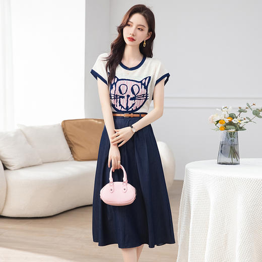 夏季新款，时尚休闲气质优雅宽松猫头针织上衣加半身裙套装HR-WA83079 商品图0