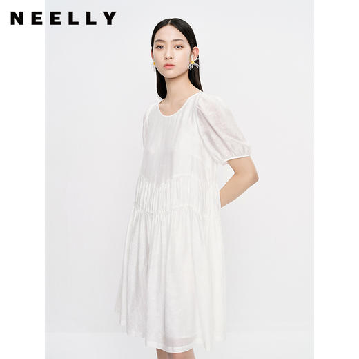 NEELLY纳俪商场同款夏季白色圆领连衣裙女中长款宽松天丝娃娃裙N23053Y01177 商品图1