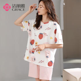 洁丽雅春夏新品女士家居服涤棉圆短袖短裤套装可外穿睡衣女
