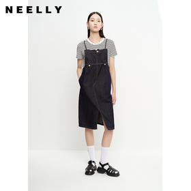 NEELLY纳俪商场同款夏季背带裙女牛仔前开叉A字裙条纹T恤两件套潮N23053Z01187