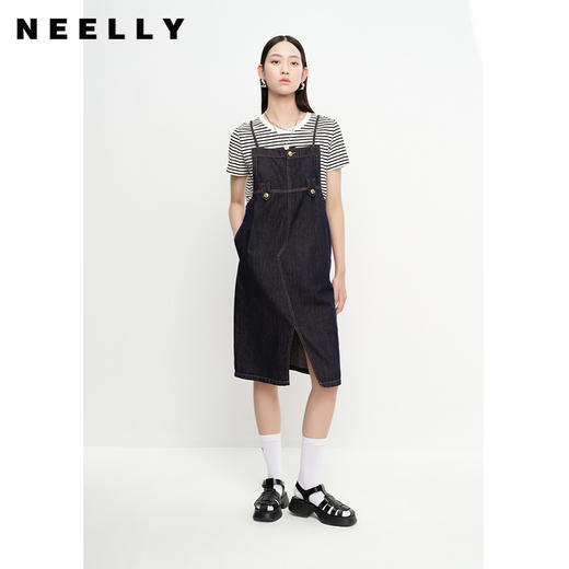 NEELLY纳俪商场同款夏季背带裙女牛仔前开叉A字裙条纹T恤两件套潮N23053Z01187 商品图0
