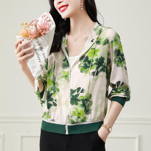 春夏小清新印花仿真丝短外套，女连帽宽松休闲开衫卫衣KQL-B43N8332 商品图2