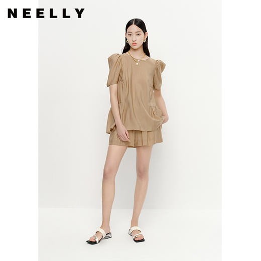 NEELLY纳俪商场同款夏季新款泡泡袖天丝衬衫女圆领套装阔腿短裤N23053Z01186 商品图0