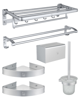 WGJ05/挂件套装/浴巾架+双杆+三角篮2+纸巾架+厕刷架/圆形亮光