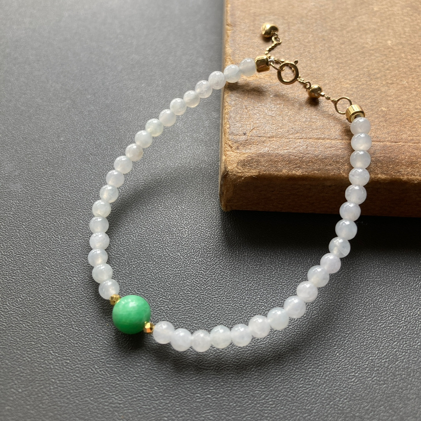 糯冰种翡翠珠串手钏18k黄金镶嵌