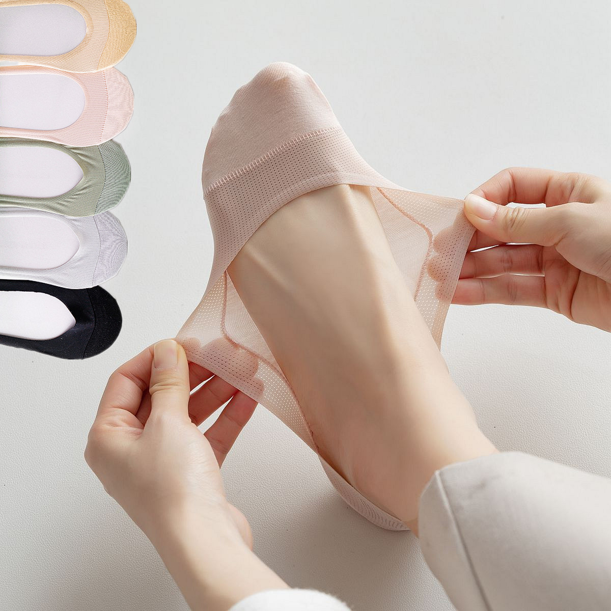 23春夏新品网眼透气任意剪棉拼防顶破隐形船袜后跟硅胶女士浅口袜_HLY