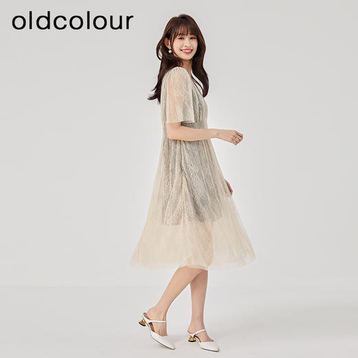 oldcolour夏季新款V领复古气质蕾丝收腰显瘦A字连衣裙O25101249 商品图3