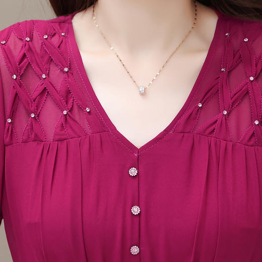 修身时尚，夏款长款褶皱拼接雪纺大摆裙V领短袖气质连衣裙QYM-CR-DQ23870-L 商品图3