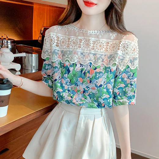 新款甜美印花雪纺甜美淑女镂空蕾丝衫K-157T6033 商品图3