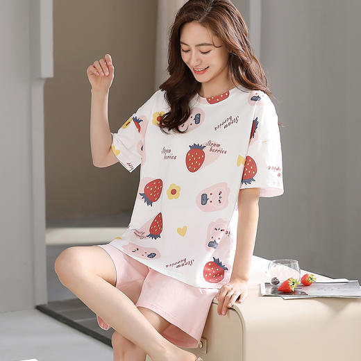 洁丽雅春夏新品女士家居服涤棉圆短袖短裤套装可外穿睡衣女 商品图2