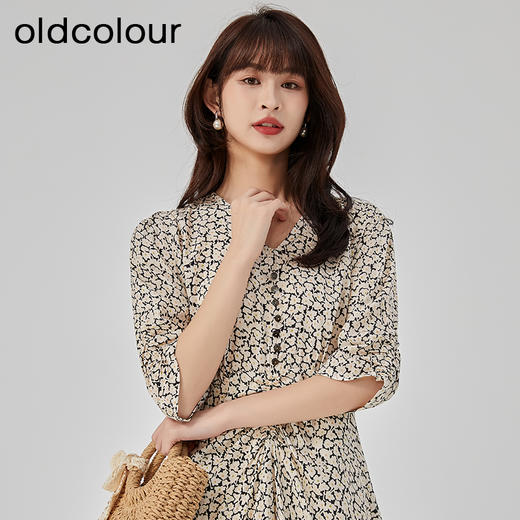 oldcolour2023夏季新款气质温柔V领收腰长款碎花连衣裙O24101410 商品图3