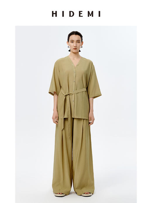 HIDEMI极简v领廓形可拆卸腰带设计感套装 上衣/阔腿裤 商品图0