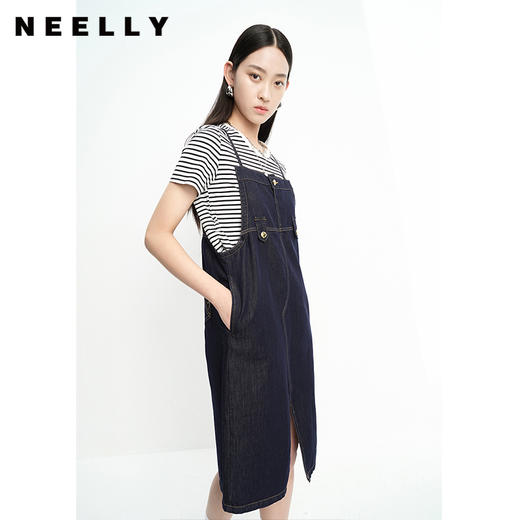 NEELLY纳俪商场同款夏季背带裙女牛仔前开叉A字裙条纹T恤两件套潮N23053Z01187 商品图2