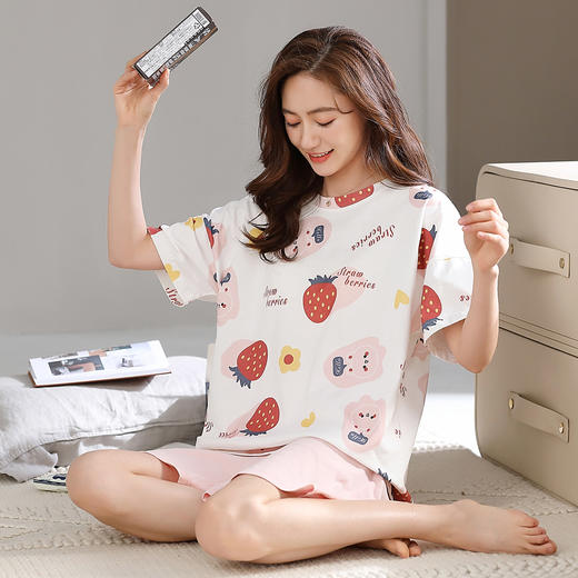 洁丽雅春夏新品女士家居服涤棉圆短袖短裤套装可外穿睡衣女 商品图1