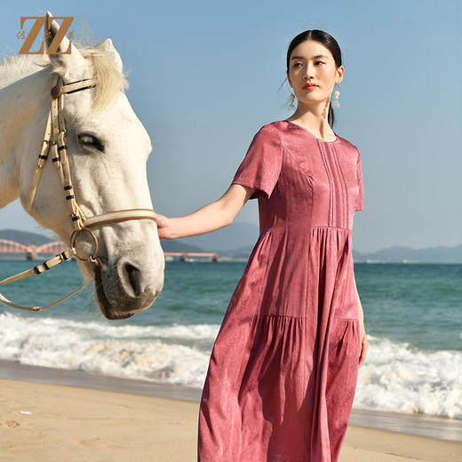 佐尔美夏季新款 时尚休闲桑蚕丝真丝圆领短袖连衣裙女E32LS62 商品图1