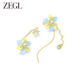 ZEGL设计师秘密花园系列长款流苏珍珠耳环女花朵耳钉不对称耳饰品