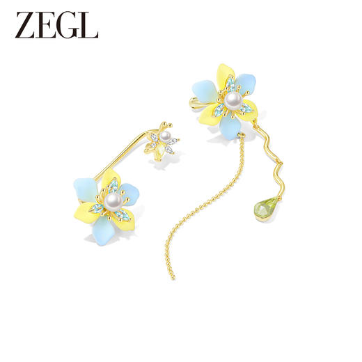 ZEGL设计师秘密花园系列长款流苏珍珠耳环女花朵耳钉不对称耳饰品 商品图0