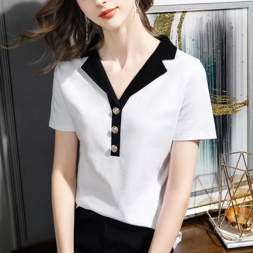 天丝棉翻领T恤2023夏新款西装领洋气修身显瘦遮肚百搭上衣HR-KWGCD60024 商品图5