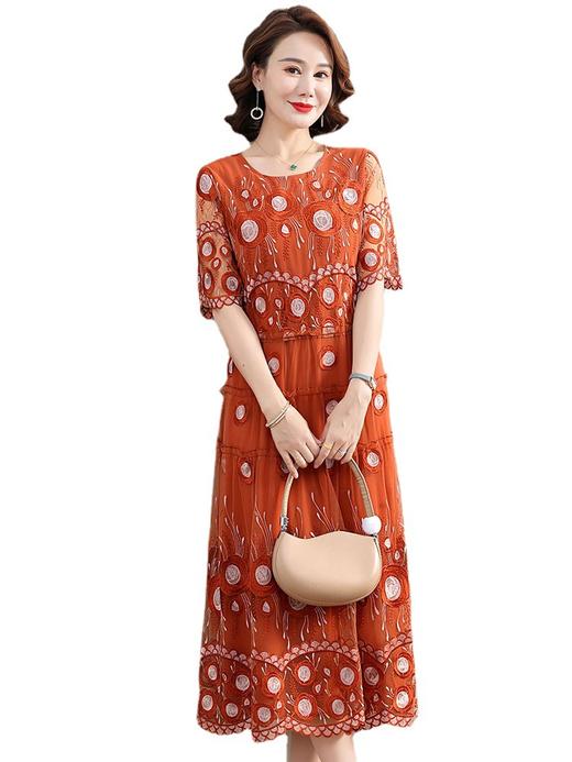 中年妈妈绣花蕾丝连衣裙女2023新款夏季中老年洋气过膝裙子50大码QX-W24 商品图4